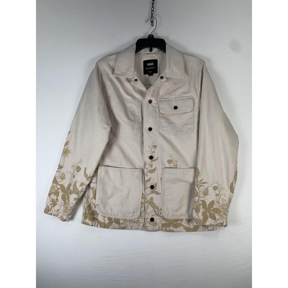 Vans Coat Mens Small Beige Drill Chore Floral Print Canvas Button Front Jacket